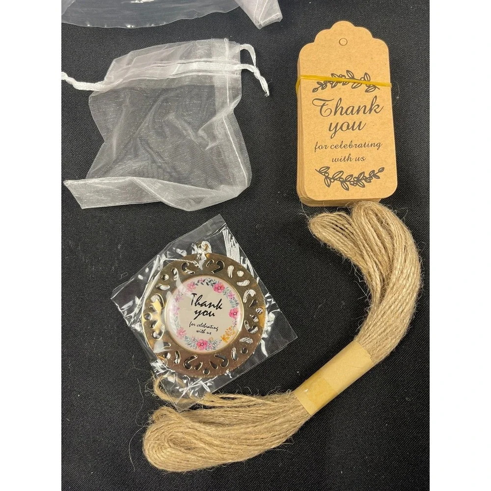 50PCS Baby Shower Souvenir Set Gold Thank You Medallions Organza Bags Jute Tags
